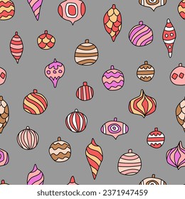 Vector seamless pattern with decoration balls. Cute design for Christmas wrappings, textile, wallpaper and backgrounds.