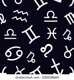 Vector. Seamless pattern for decoration, design. Astronomy different white zodiac sign on a black background