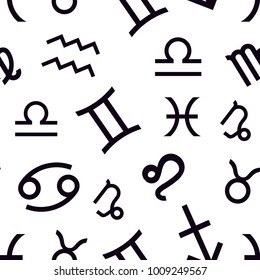 Vector. Seamless pattern for decoration, design. Astronomy different black zodiac sign on a white background