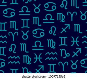 Vector. Seamless pattern for decoration, design. Astronomy different green zodiac sign on a blue background