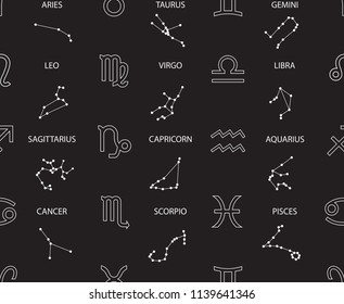 Vector. Seamless pattern for decoration, design. Astronomy different white simple geometric representation of the zodiac signs and constellations for horoscope with titles on a black background