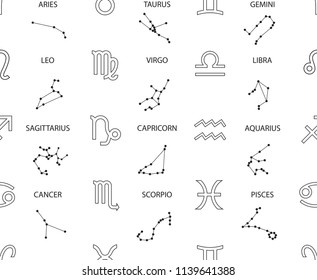 Vector. Seamless pattern for decoration, design. Astronomy different black simple geometric representation of the zodiac signs and constellations for horoscope with titles on a white background