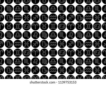 Vector. Seamless pattern for decoration, design. Astronomy different black simple geometric representation of the zodiac signs and constellations for horoscope on a black and white round background