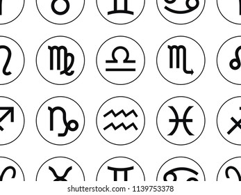 Vector. Seamless pattern for decoration, design. Astronomy different black simple geometric representation of the zodiac signs for horoscope on a black and white round background