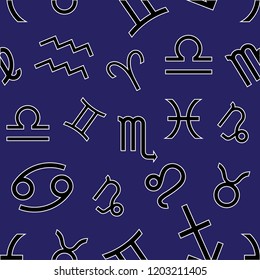 Vector. Seamless pattern for decoration, design. Astronomy different white and black simple geometric representation of the zodiac signs for horoscope on blue background