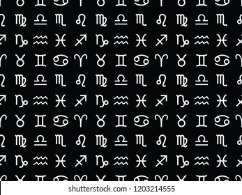 Vector. Seamless pattern for decoration, design. Astronomy different white simple geometric representation of the zodiac signs for horoscope on black background