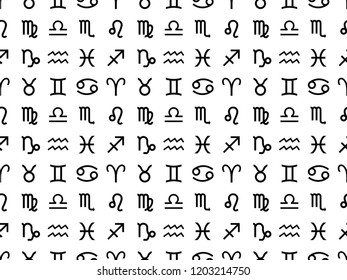 Vector. Seamless pattern for decoration, design. Astronomy different black simple geometric representation of the zodiac signs for horoscope on white background