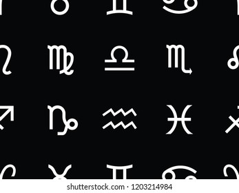 Vector. Seamless pattern for decoration, design. Astronomy different white simple geometric representation of the zodiac signs for horoscope on black background
