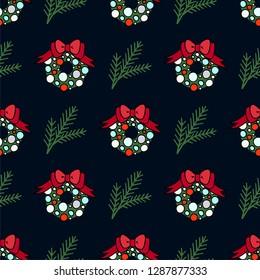 Vector seamless pattern for decoration design. Christmas wreath with a branch of pine tree on dark backdrop