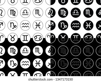 Vector. Seamless pattern for decoration, design. Astronomy different black simple geometric representation of the zodiac signs for horoscope on a black and white backgrounds
