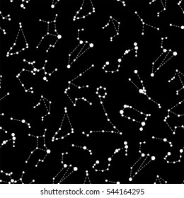 Vector. Seamless Pattern For Decoration, Design. Astronomy Different Constellations  On A Black Background. Zodiac Sign Of The Bright Stars With Glowing Lines And Points. Star Chart, Map