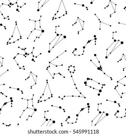 Vector. Seamless Pattern For Decoration, Design. Astronomy Different Constellations  On A White Background. Zodiac Sign Of The Bright Stars With Glowing Lines And Points. Star Chart, Map