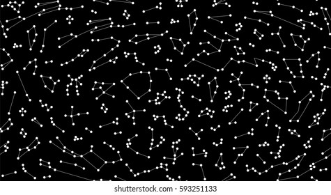 Vector. Seamless pattern for decoration, design. Astronomy different constellations  on a black background. Zodiac sign of the bright stars. Glowing lines and points. Star chart, map. Deep space