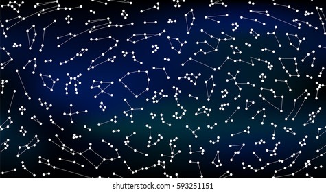 Vector. Seamless pattern for decoration, design. Astronomy different constellations  on a deep space gradient background. Zodiac sign of the bright stars. Glowing lines and points. Star chart, map