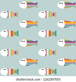 Vector seamless pattern with decorative abstract geometric fish, colorful endless background, marine life, funny print for children