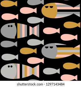 Vector seamless pattern with decorative abstract geometric fish, colorful endless background, marine life, funny print for children