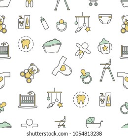 Vector seamless pattern with decorative baby symbols, icons. Newborn baby background, wrapping paper texture thin line art flat style design.