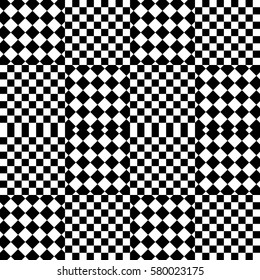 Vector seamless pattern. Decorative background, design element with black white squares and rhombuses. Background, texture with optical illusion. Alternating chequered tartan, fabric, textile, cloth.