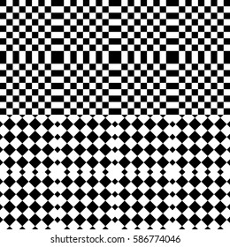 Vector seamless pattern. Decorative background, design element with black white squares and rhombuses. Background, texture with optical illusion. Alternating parallel tartan, fabric, textile, cloth.