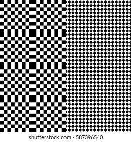 Vector seamless pattern. Decorative background, design element with black white squares and rhombuses. Background, texture with optical illusion. Alternating parallel tartan, fabric, textile, cloth.