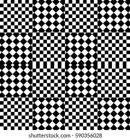 Vector seamless pattern. Decorative background, design element with black white squares and rhombuses. Background, texture with optical illusion. Alternating chequered tartan, fabric, textile, cloth.