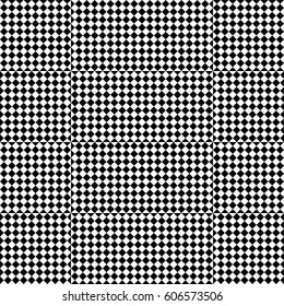 Vector seamless pattern. Decorative background, design element with black white squares and rhombuses. Background, texture with optical illusion. Alternating chequered tartan, fabric, textile, cloth.