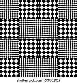 Vector seamless pattern. Decorative background, design element with black white squares and rhombuses. Background, texture with optical illusion. Alternating chequered tartan, fabric, textile, cloth.