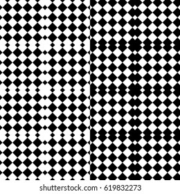 Vector seamless pattern. Decorative background, design element with black white squares and rhombuses. Background, texture with optical illusion. Alternating parallel tartan, fabric, textile, cloth.