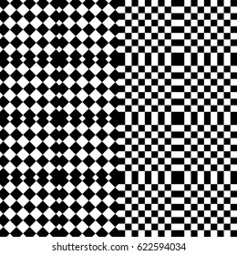 Vector seamless pattern. Decorative background, design element with black white squares and rhombuses. Background, texture with optical illusion. Alternating parallel tartan, fabric, textile, cloth.