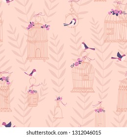 Vector seamless pattern for decorative bird cages, decorated with flowers. Birds are sitting and flying. Hand-drawn style illustrations on a pink background. For textiles, packaging design, fabric
