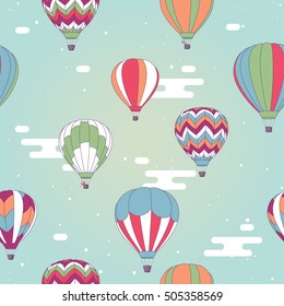 Vector seamless pattern, decorative bright illustration of hot air balloons