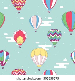 Vector seamless pattern, decorative bright illustration of hot air balloons