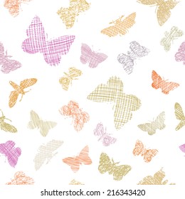 vector seamless pattern with decorative butterflies, silhouettes of insects with hand drawn texture
