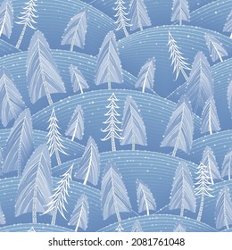 Vector seamless pattern with decorative Christmas trees, snow forest and snowflakes. New year design for textile, wrapping paper and other surface.