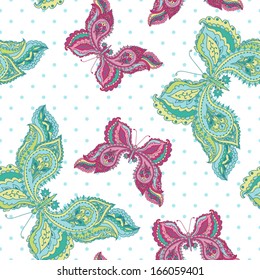 Vector seamless pattern with decorative colorful butterflies on a white background. 