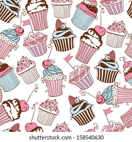 Vector seamless pattern with decorative cupcakes on white background