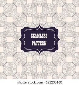 Vector seamless pattern. Decorative design template. Creative figured background with retro, vintage label in blue colors. Vector illustration