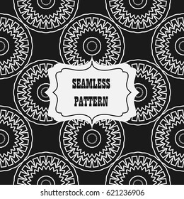 Vector seamless pattern. Decorative design template. Creative monochrome background with retro, vintage label in black and white colors. Vector illustration