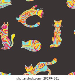Vector seamless pattern with decorative detailed cats