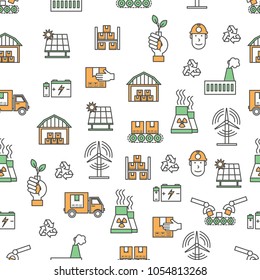 Vector seamless pattern with decorative ecology production symbols, icons. Ecological factory background, wrapping paper texture thin line art flat style design.