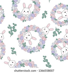Vector seamless pattern with decorative eggs, Easter wreath and bunnies. Easter holiday background for website, printing on fabric, gift wrap and wallpapers