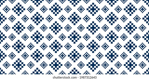 Vector seamless pattern. Decorative element, design template with pixel deep blue and white motifs. Ethnic folk national tracery for fabric swatch. Background, texture with optical illusion effect.