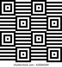 Vector seamless pattern. Decorative element, design template with black and white squares with striped straight lines. Background, texture in op art style. Chess tiles with optical illusion effect.