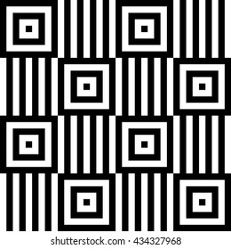 Vector seamless pattern. Decorative element, design template with black and white squares with striped straight lines. Background, texture with optical illusion effect. Illusive tiles in retro style.