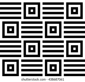 Vector seamless pattern. Decorative element, design template with black and white squares with striped straight lines. Background, texture in op art style. Mesmeric tiles with optical illusion effect.