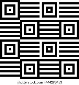 Vector seamless pattern. Decorative element, design template with black and white squares and striped straight lines. Background, texture in optical illusion style, hypnotic op art.