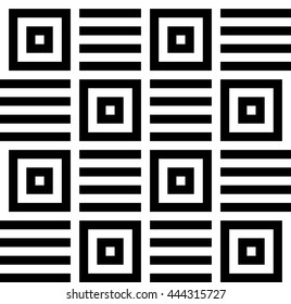 Vector seamless pattern. Decorative element, design template with black and white squares with striped straight lines. Background, texture in op art style. Mesmeric tiles with optical illusion effect.