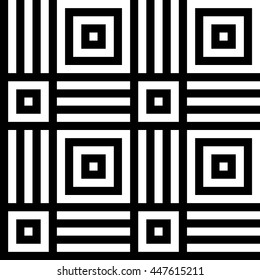 Vector seamless pattern. Decorative element, design template with black and white squares with striped straight lines. Background, texture with optical illusion effect. Crossed vibrant illusive tiles.