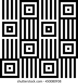 Vector seamless pattern. Decorative element, design template with black and white squares with striped straight lines. Background, texture with optical illusion effect. Illusive tiles in op art style.