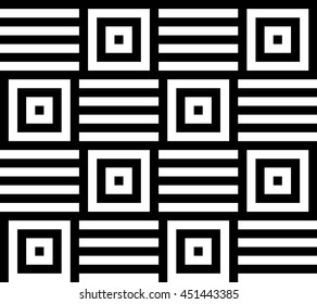 Vector seamless pattern. Decorative element, design template with horizontal straight black and white lines and striped squares. Background, texture with optical illusion effect. Chess op art tiles.